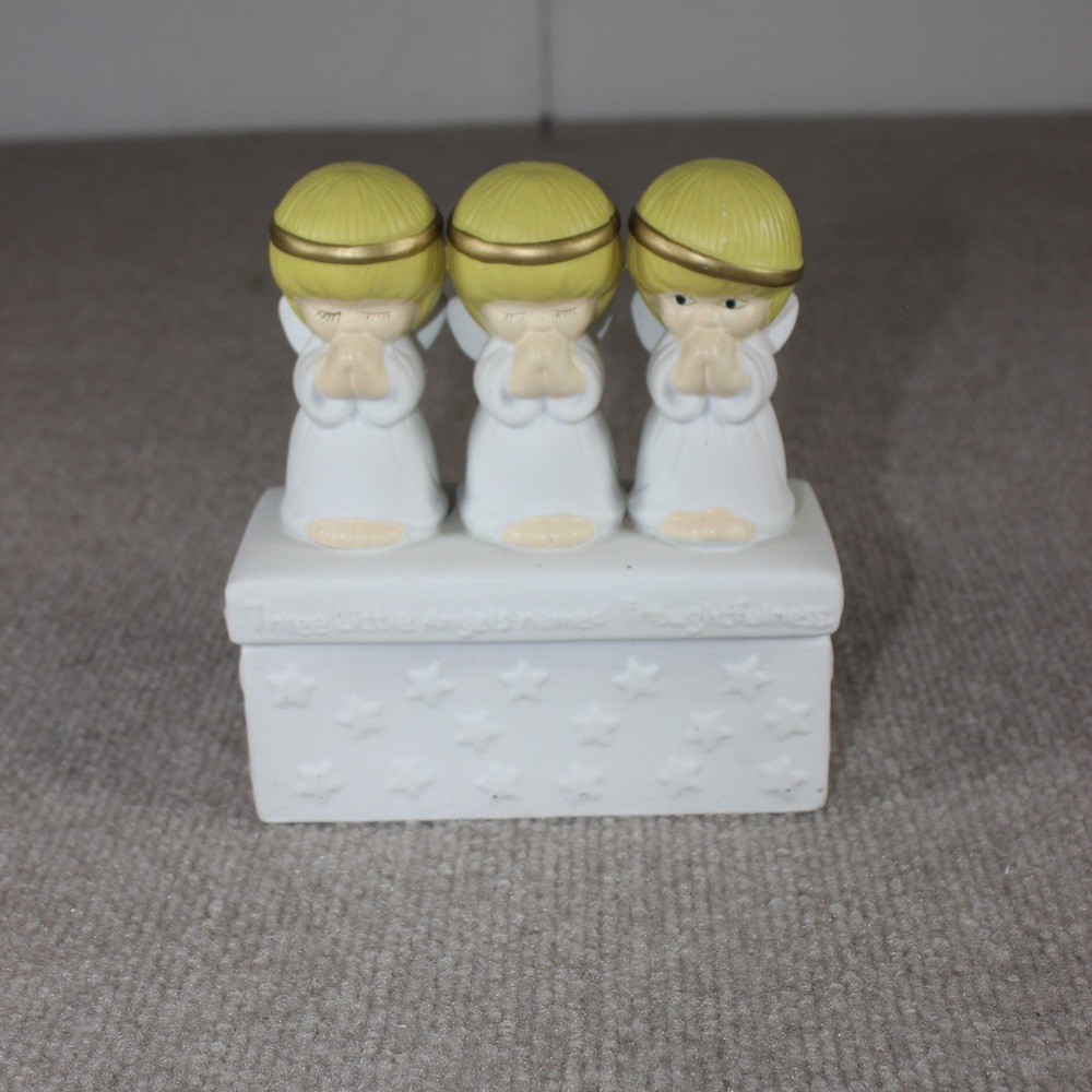 Vintage Three Little Angels Named Thoughtfulness Ceramic‎ Trinket Box White Gold